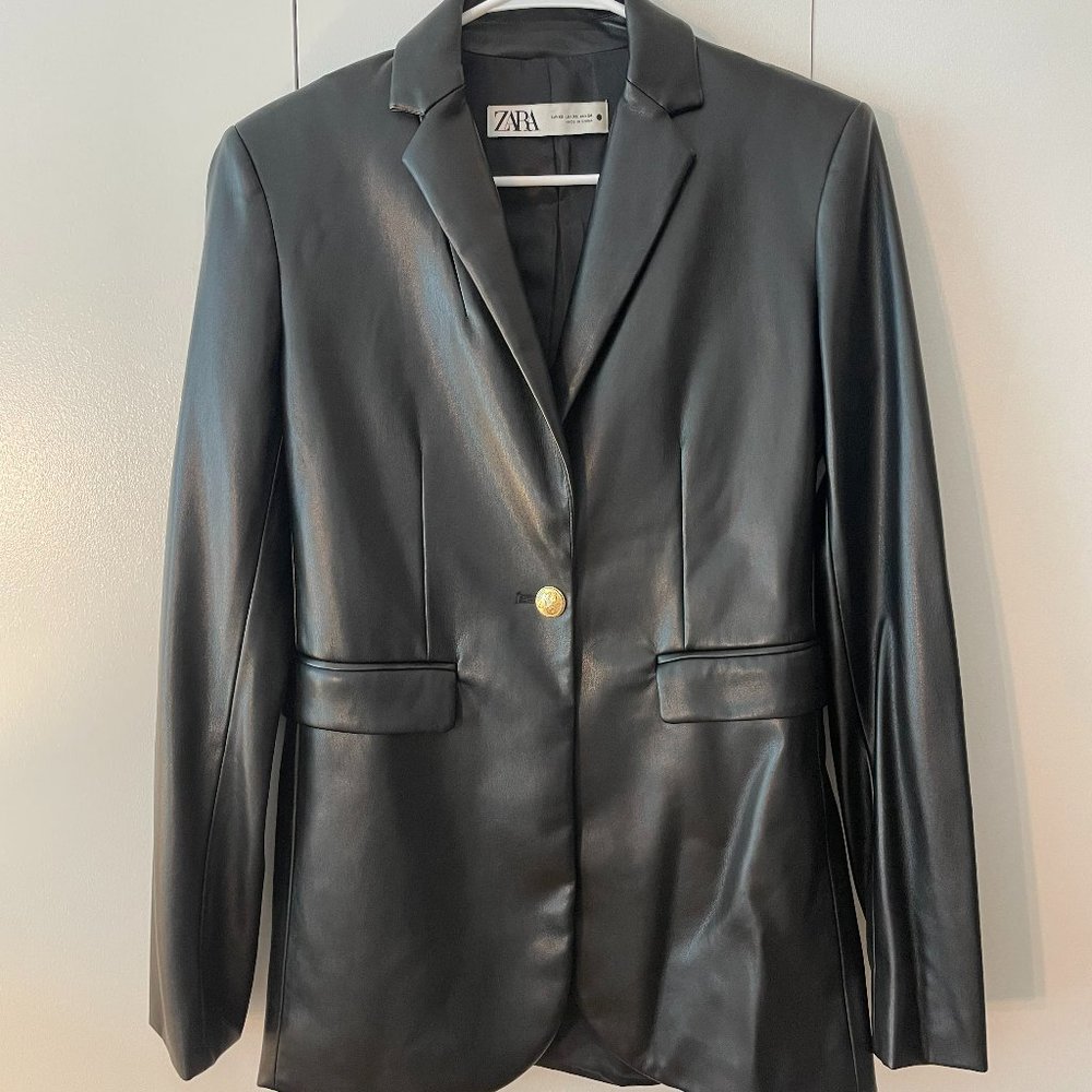 Zara NWT Faux Leather Black Blazer | Size XS